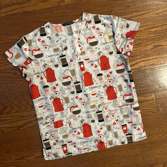 LOVE YOU LATTE Scrub Top Ladies  V-Neck 2 Pocket Scrub Top Size Small Coffee - Picture 3 of 11